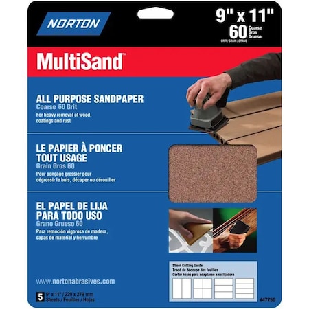 Norton Co 9" x 11" MultiSand All Purpose Sanding Sheet 60-Grit, PK 5 47750